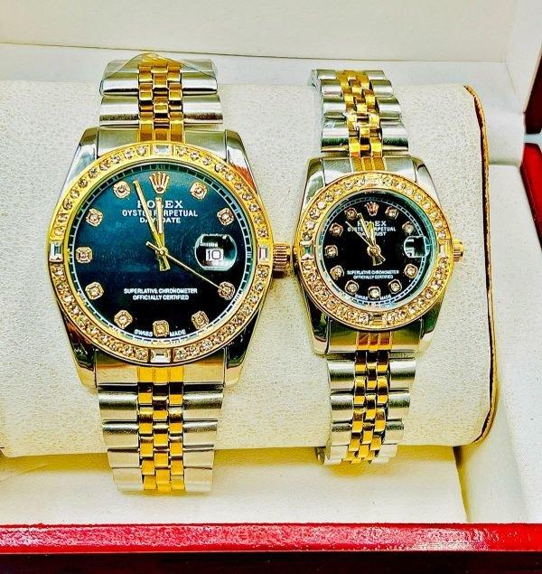 Aa1 Rolex Diamond Cut Stone Couple Watch Watch With Chain Strap (silver + Golden) - Brand Boost HUB