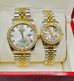 Aa1 Rolex Diamond Cut Stone Couple Watch Watch With Chain Strap (silver + Golden) - Brand Boost HUB