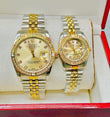 Aa1 Rolex Diamond Cut Stone Couple Watch Watch With Chain Strap (silver + Golden) - Brand Boost HUB